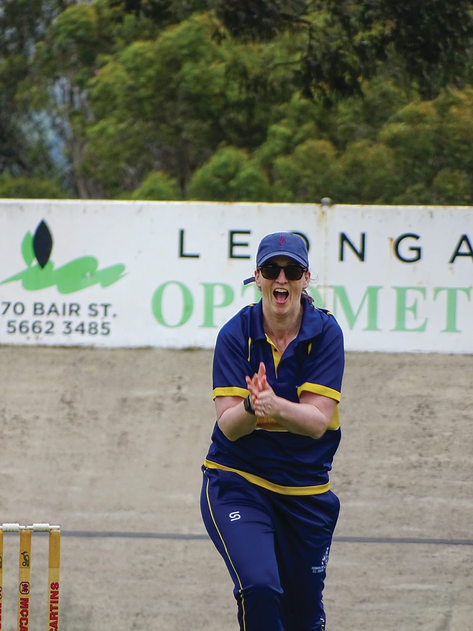 Taz Boden celebrating after one of her three wickets for Koonwarra L/RSL on Sunday. Photo: Jodie Arnup. 