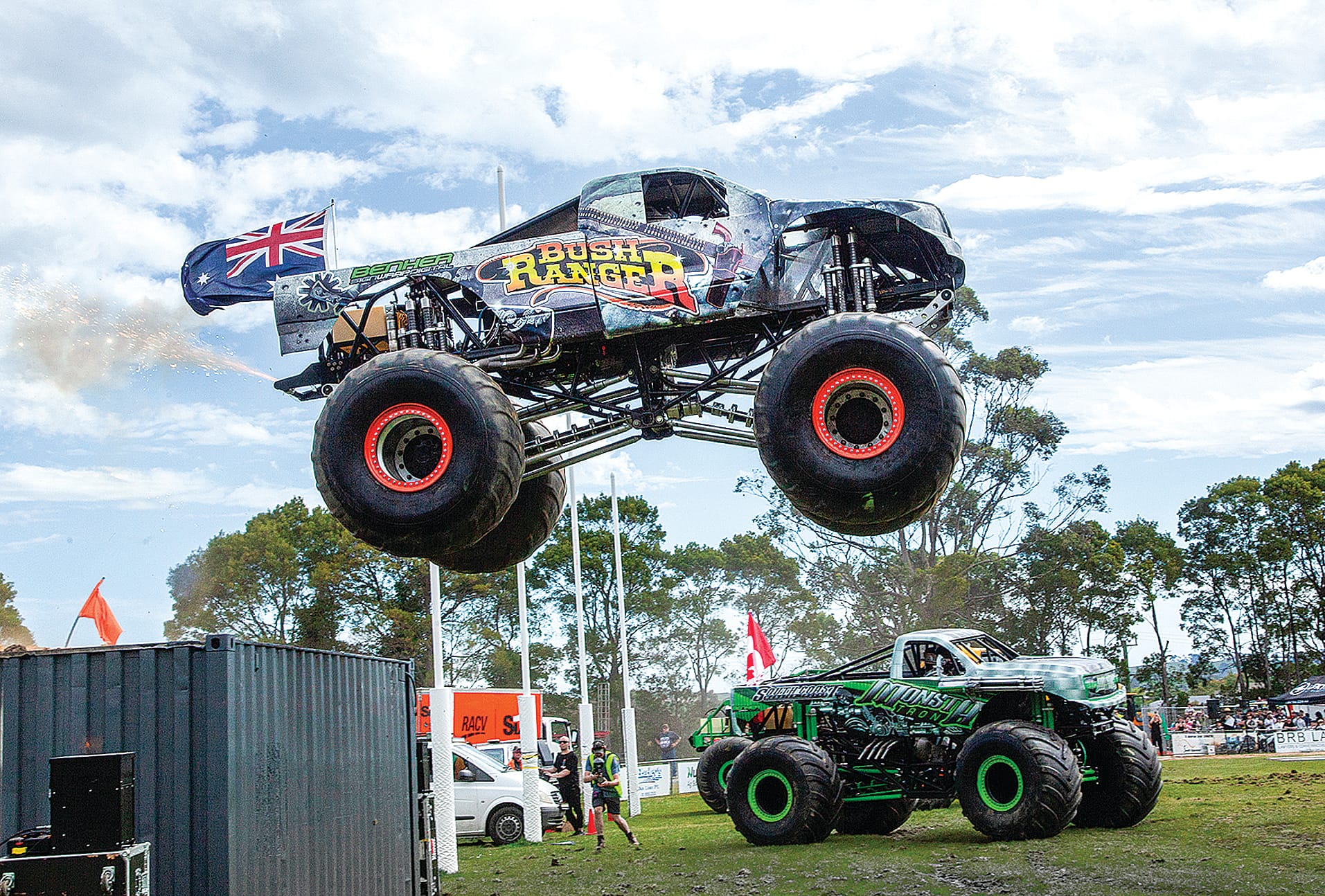 The Bush Ranger takes off over the shipping container on Saturday. Behind the wheel is former local, Korumburra man, Simon O’Neill. Photo: Paul Robinson of Poowong.