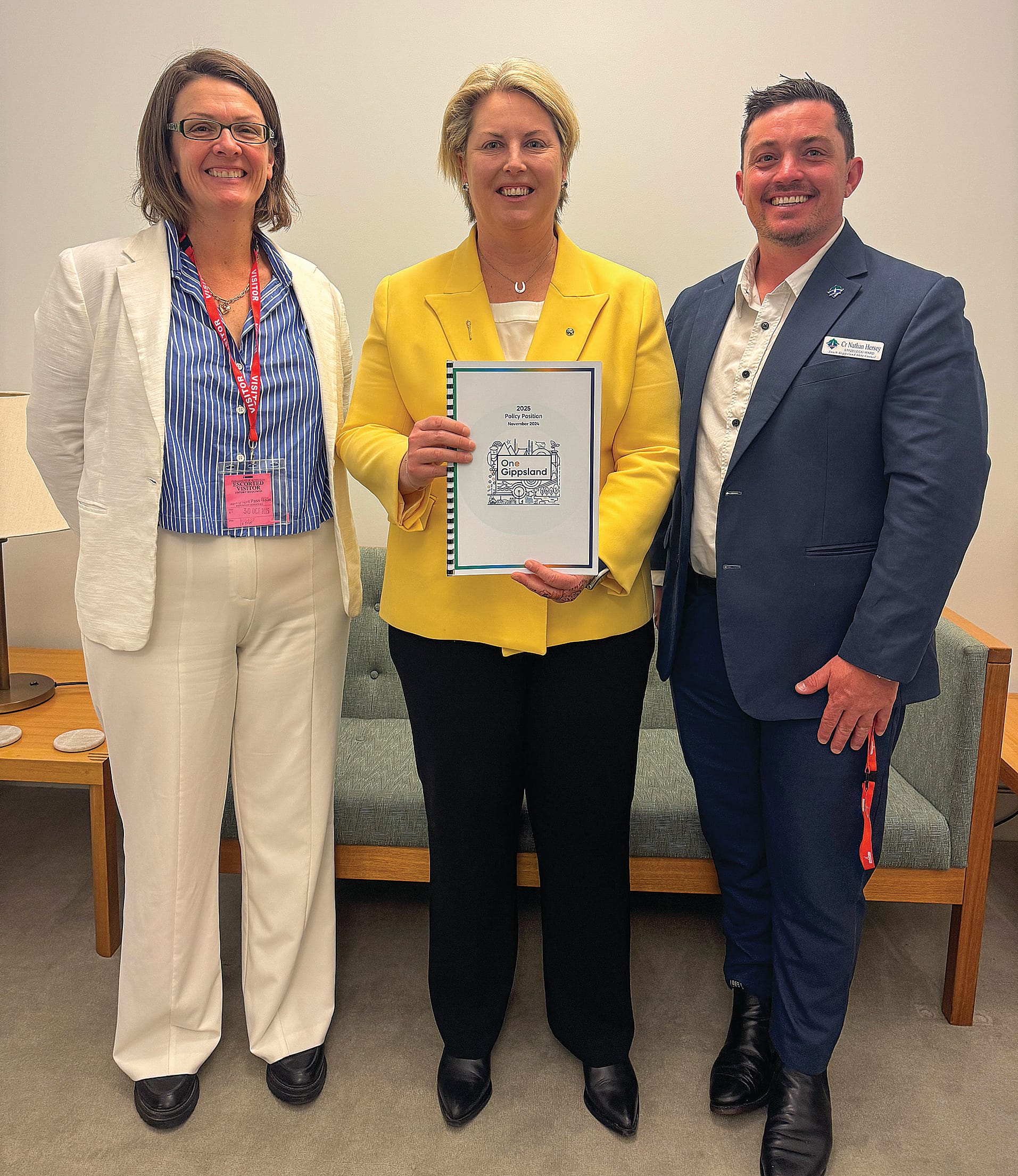 Cr Nathan Hersey with South Gippsland Shire Council CEO Allison Jones and Josh Wilson. 