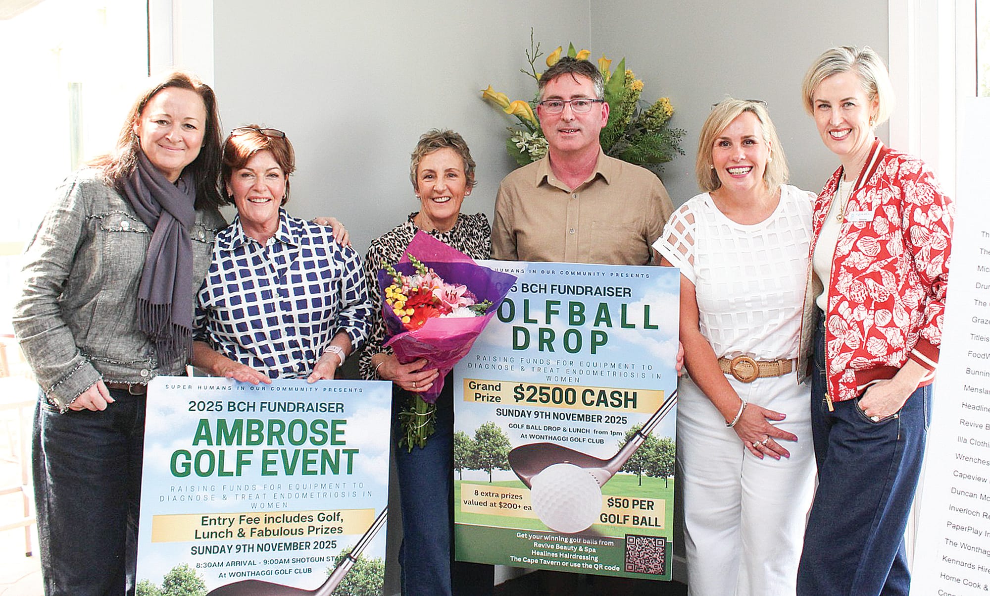 Celebrating the success of the Ambrose Golf Day were, from left, Bass Coast Health Executive Director Chris Henderson, Alison Adams of Revive Beauty and Spa, helper Faye Zappa, Michael Turton of The Cape Tavern, Melissa Stirton of Headlines Hairdressing and Bass Coast Health interim CEO Simone Alexander.