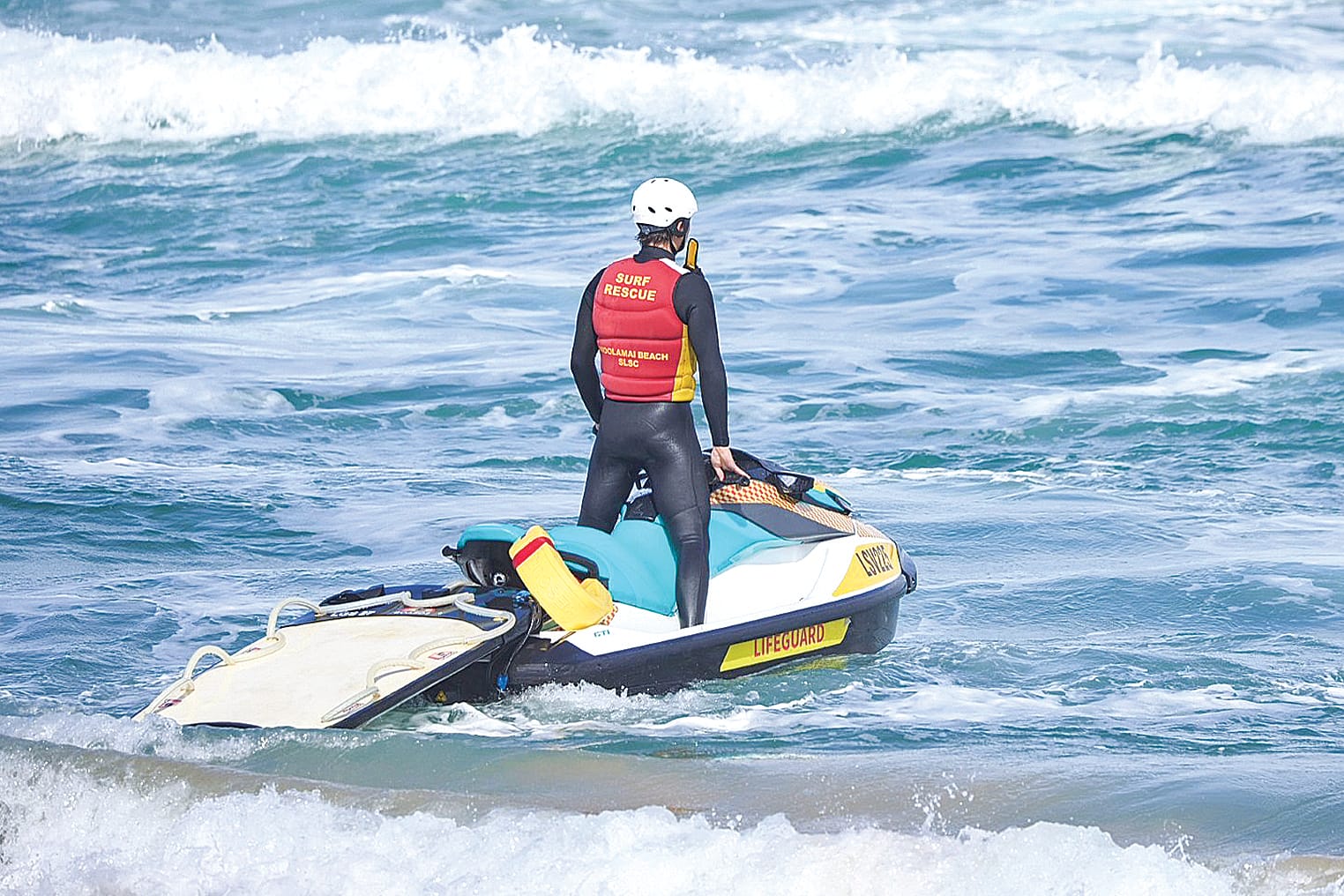 Woolamai lifesaver Jordan Kuerschner on the rescue jet ski, one of the tools used to patrol the coastline.
