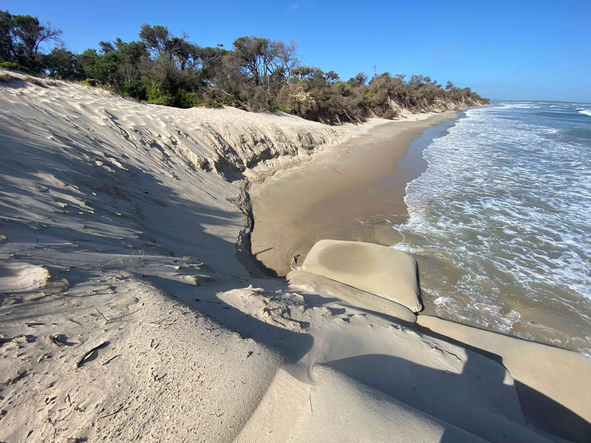 Wave action has continued to undermine the dunes at the edges of the sandbag wall in front of the Inverloch Surf Lifesaving Clubhouse, threatening the building's foundations and requiring constant remedial work by the shire's contractors.