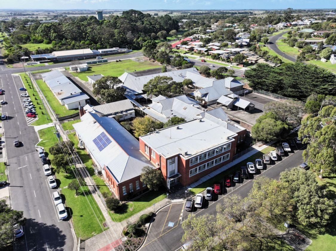 Aerial view of the former Wonthaggi Secondary College McBride Campus site at the corner of McBride Avenue and Watt Street.
