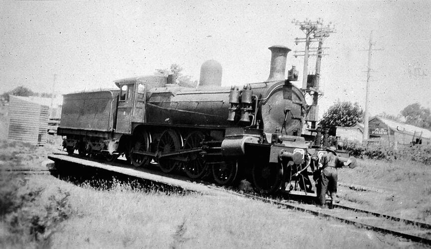 A train on the turntable at the Mirboo North Railway Station in 1925.