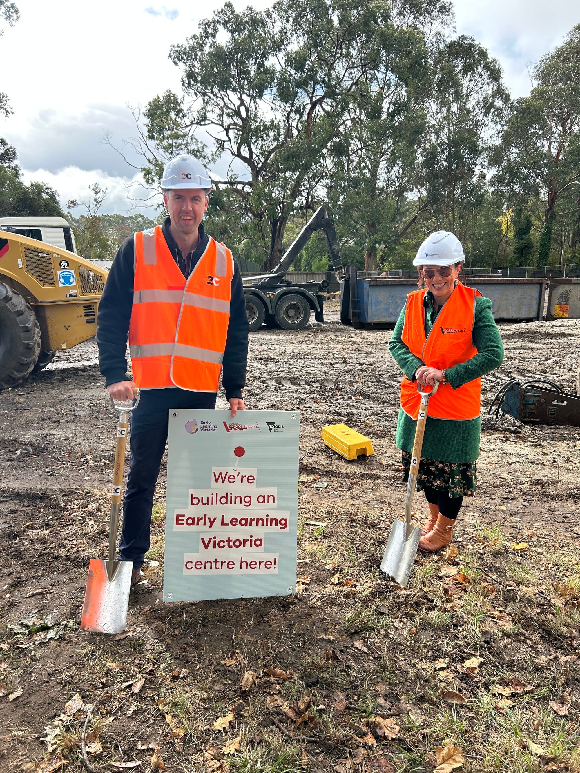 State Eastern Victoria MLC Tom McIntosh and Minister for Children Lizzie Blandthorn at the site of the new Early Learning Victoria centre on Geale Street, Meeniyan.