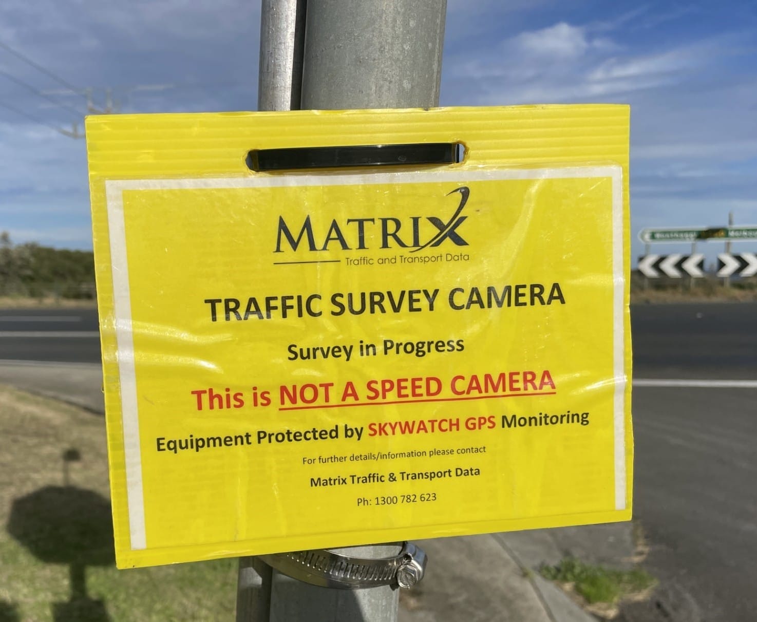 A yellow sign identifies the device as a traffic survey camera and states it is not a speed camera, though the sign was only displayed from Wednesday, June 17, says Mr Pollitt, despite being in use from June 12.