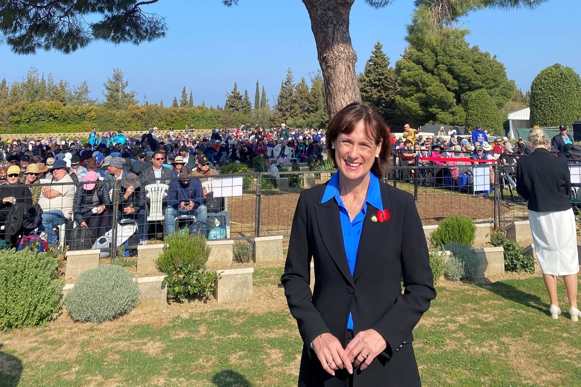 Ms Bath beneath the Lone Pine tree at the Lone Pine Cemetery and Memorial at Gallipoli in Turkiye.