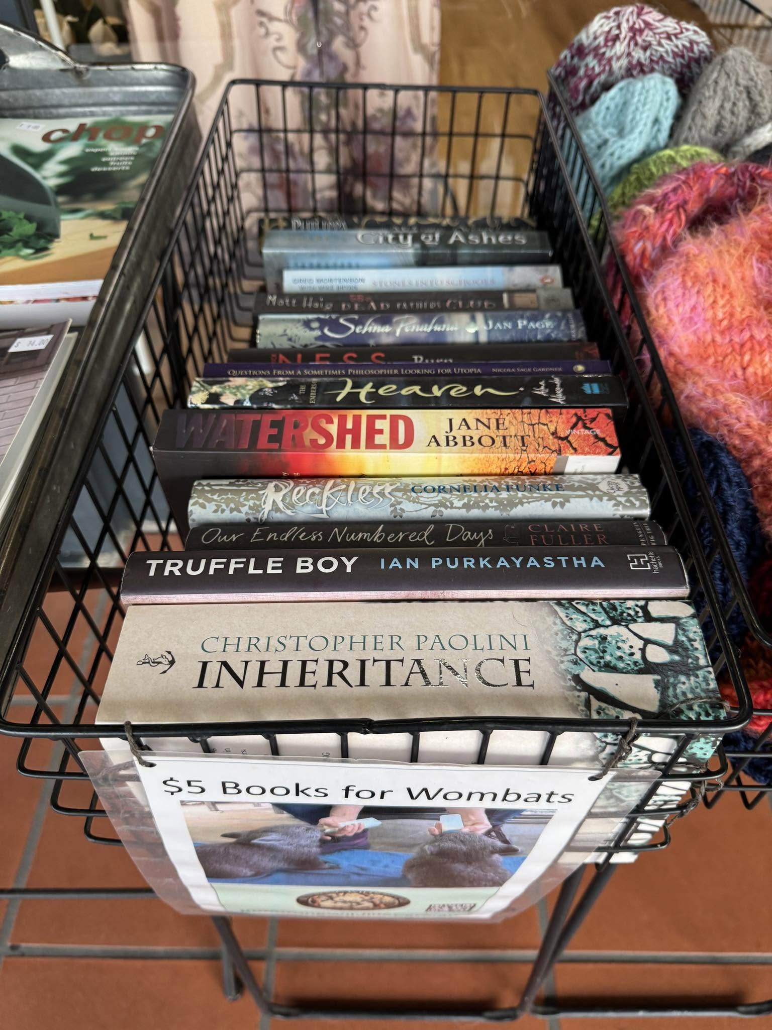The book basket at Style Mantra in Inverloch, helping injured and oprhaned wildlife.