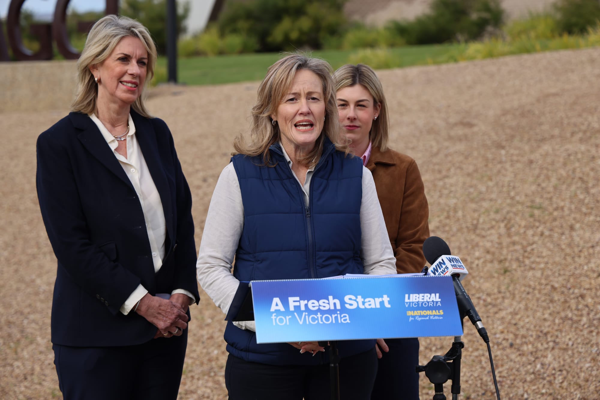 Shadow Minister for Health Georgie Crozier, State Liberal candidate for Bass Rochelle Halstead and Opposition Leader Jess Wilson at the announcement. Photo: Peter Cleeland.