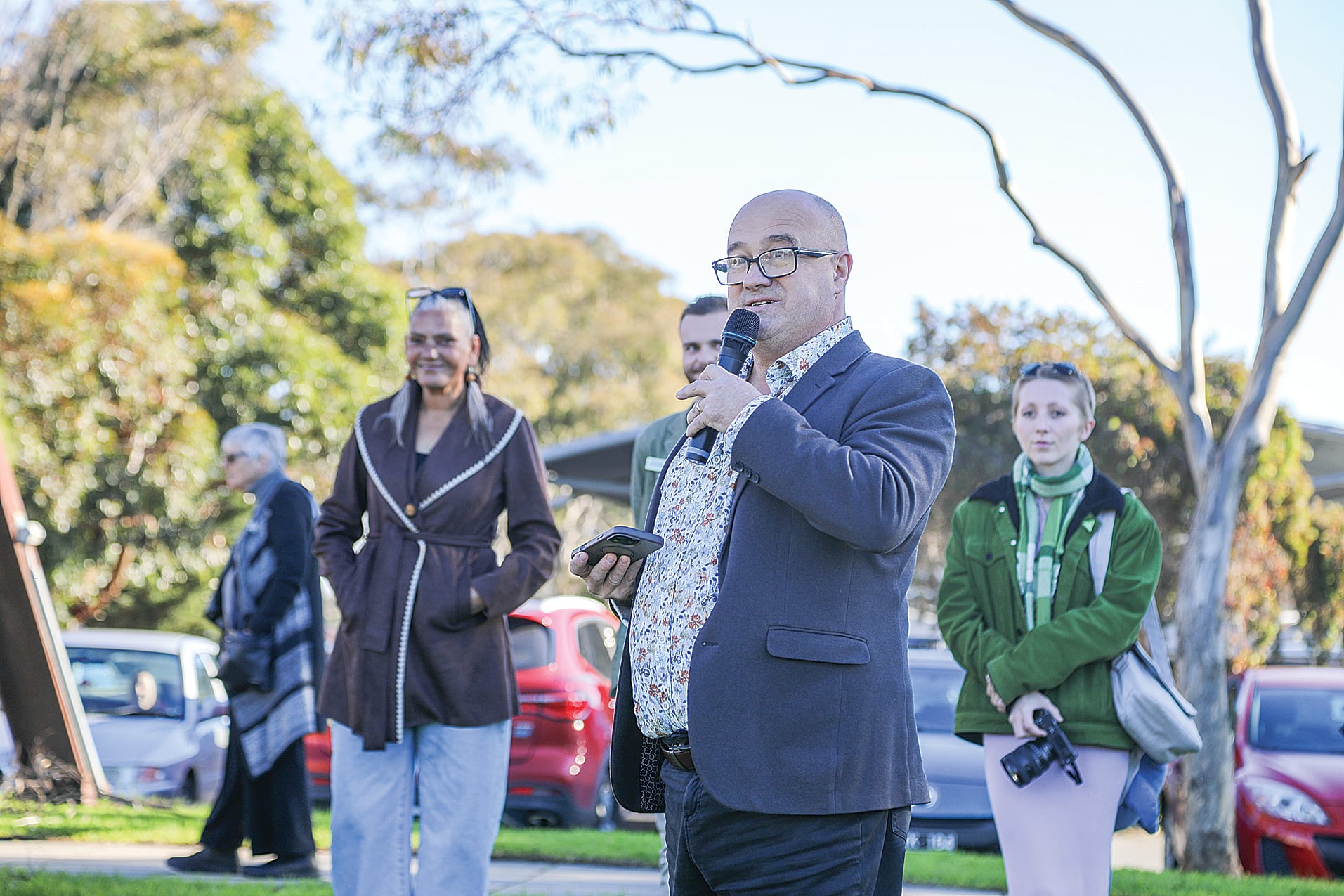 Bass Coast Mayor Cr Brett Tessari welcomes the crowd at Apex Park.