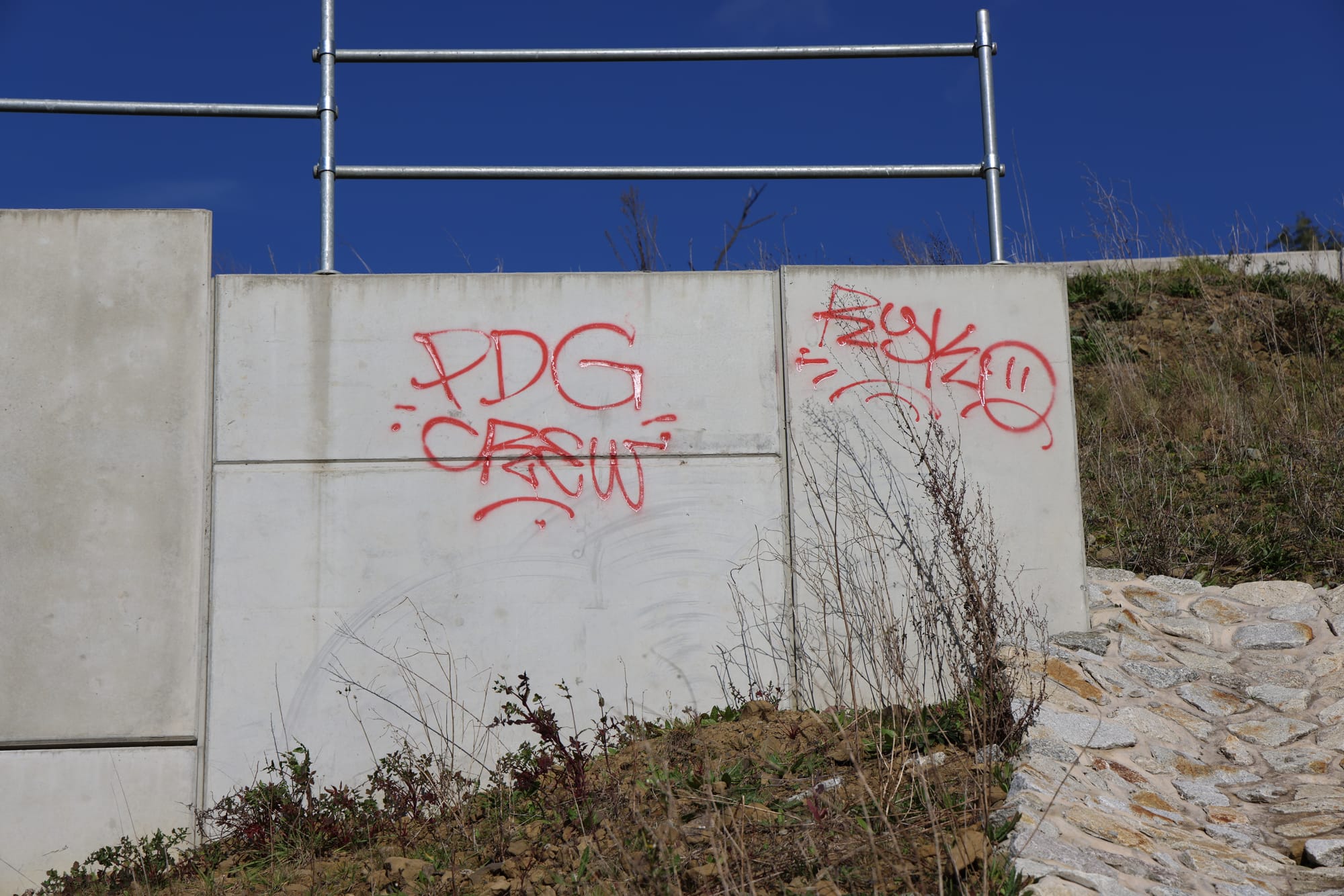 A smaller “PDG crew” tag is among several messages painted on the state-managed wall.