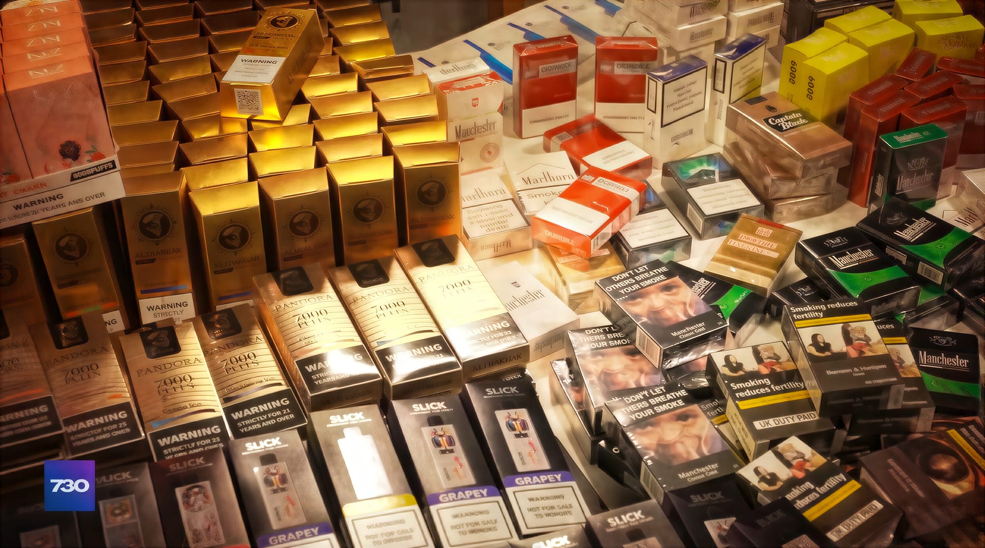 A display of illegal tobacco and vapes shown during the 7.30 report.