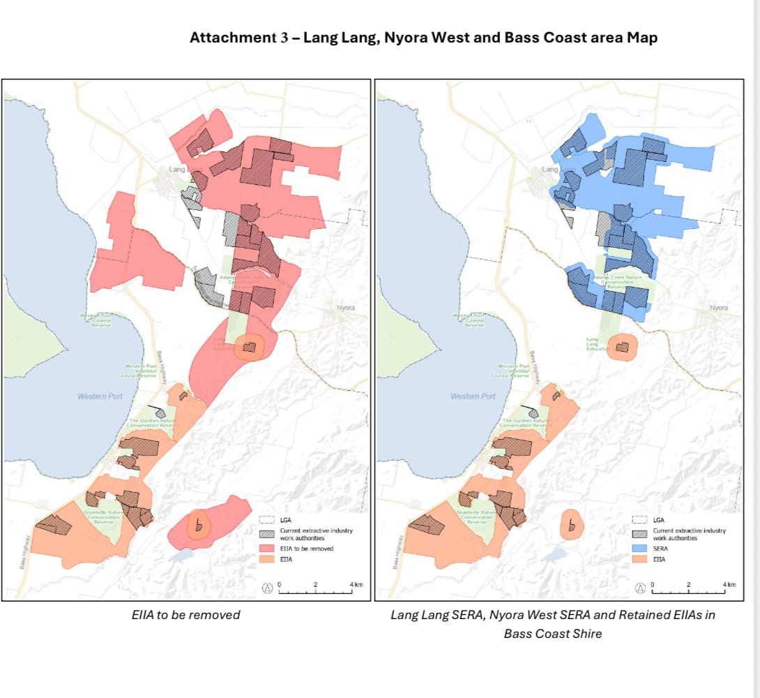A State Government map showing the sand mining overlay to be removed, left, and the new Strategic Extractive Resource Areas and retained interest areas across the Bass Coast, right.