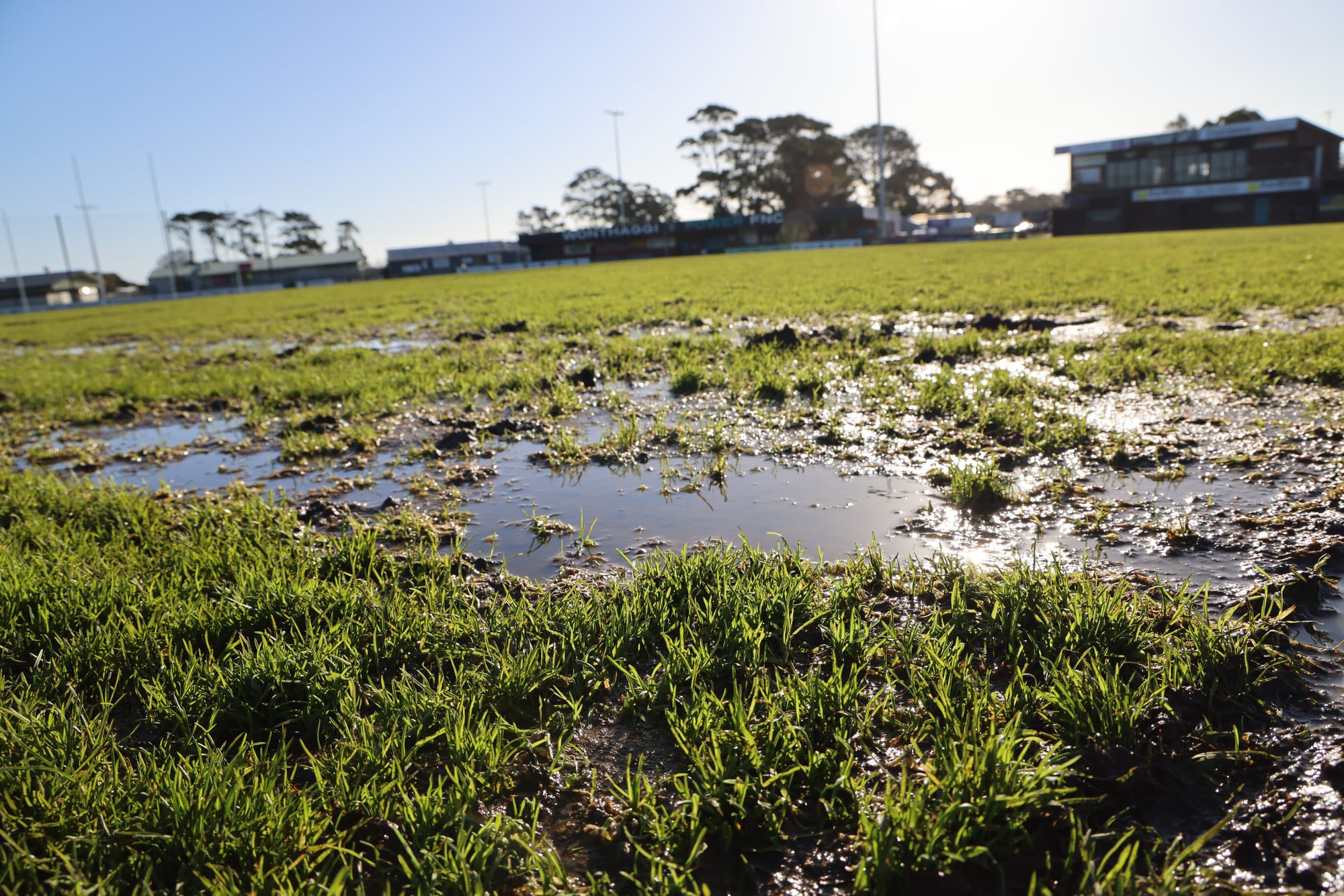 Pools of water on the surface of the ground.