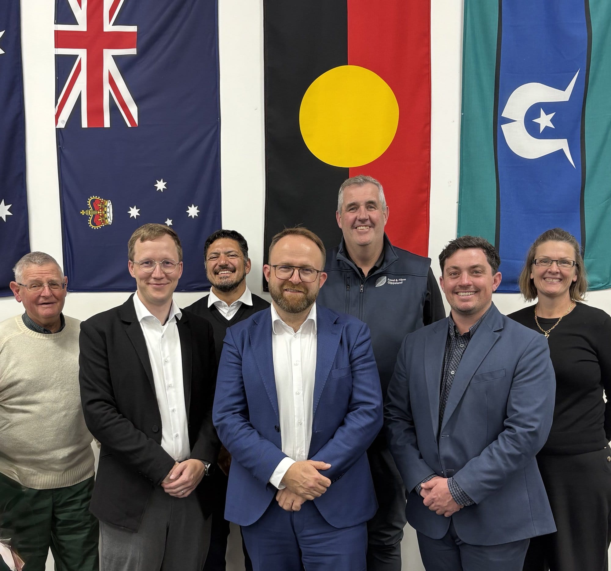 From left, Professor Bruce Wilson, Mr David Meyer, IURC team leader Pablo Gandara, Mr Maciej Kolczynski, Food and Fibre Gippsland chief executive Simon Johnson, Cr Nathan Hersey and South Gippsland Shire chief executive Allison Jones.