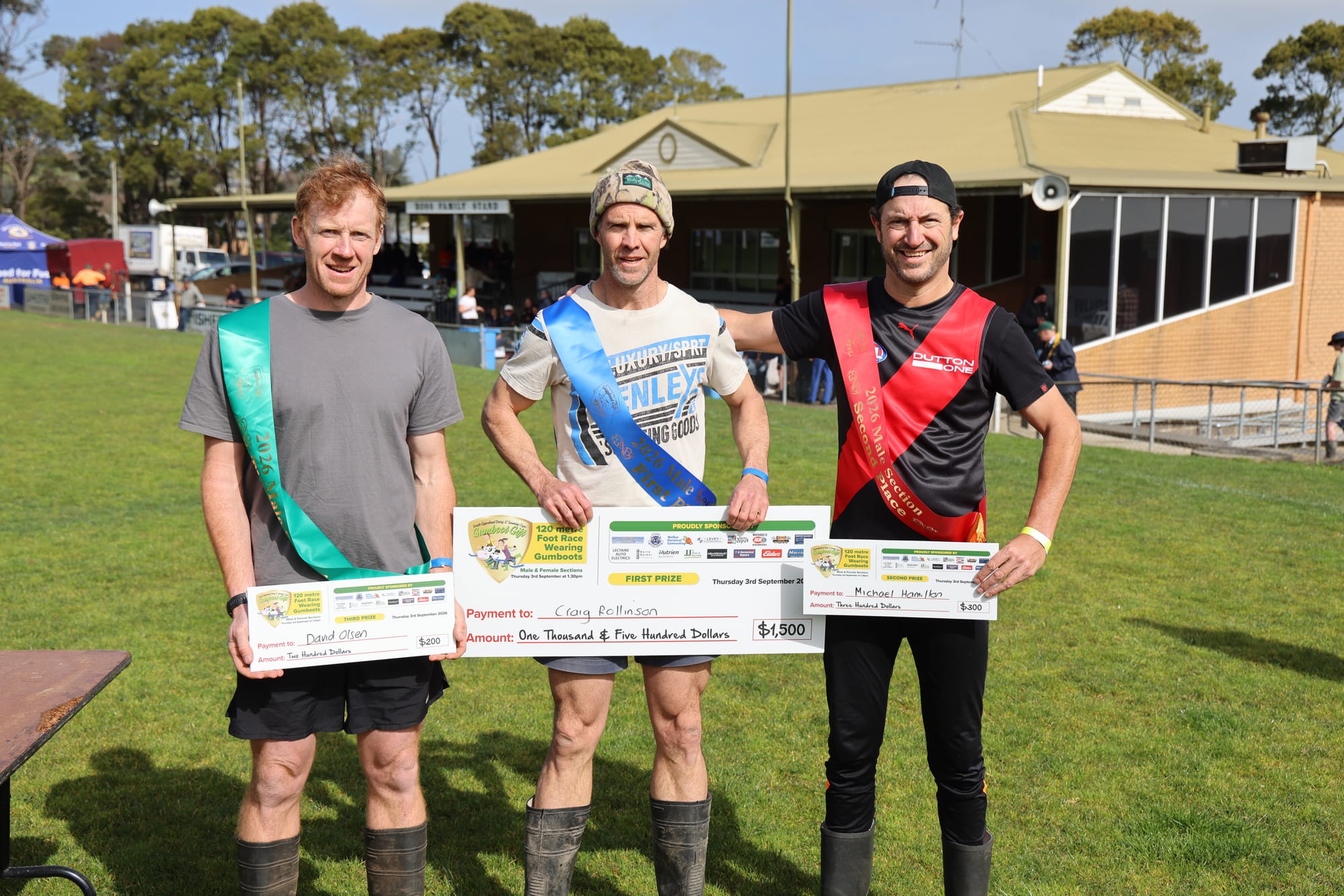 Craig Rollinson, Michael Hamilton and David Olsen finished first, second and third respectively in the men’s Gumboot Gift.