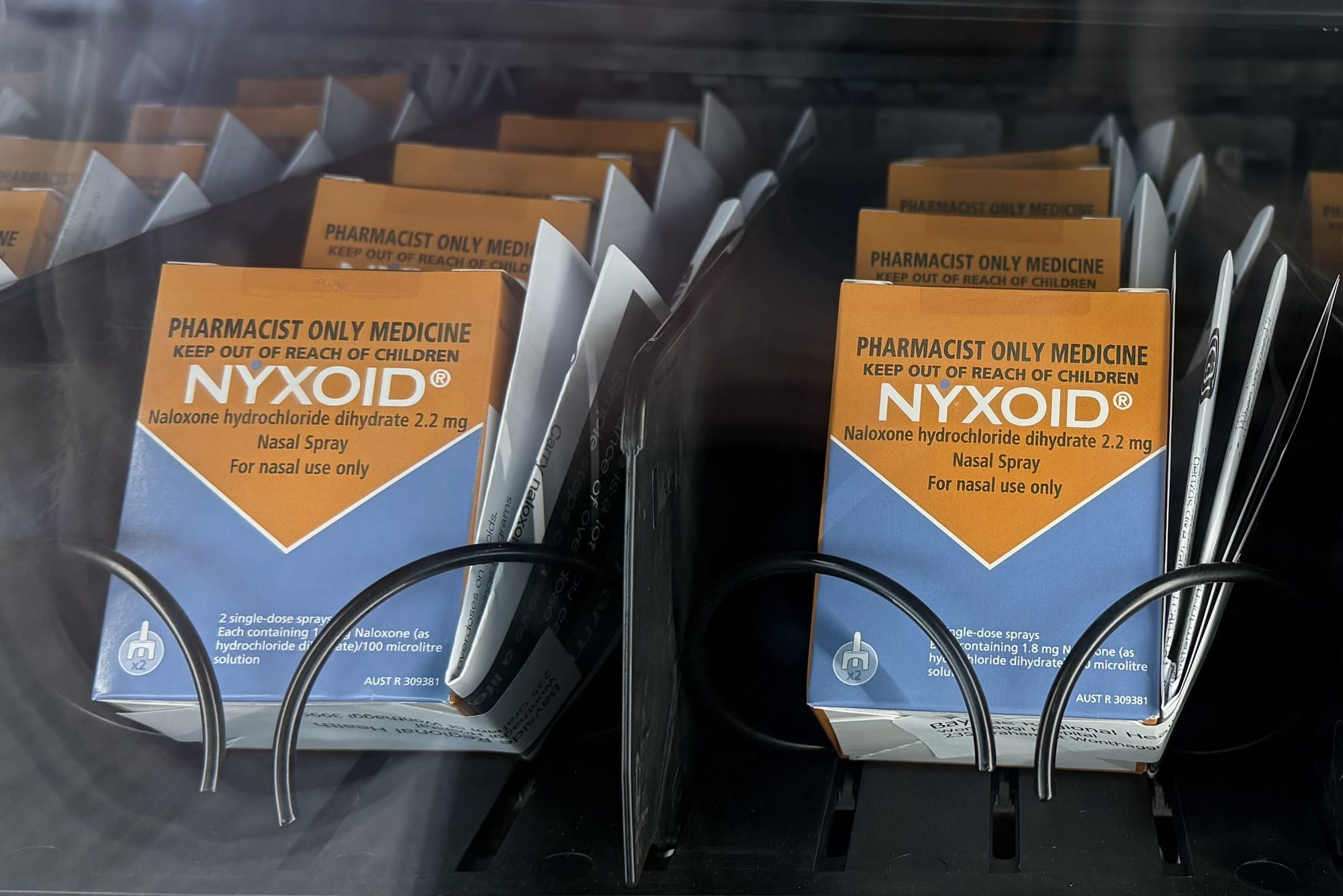 Boxes of Nyxoid naloxone nasal spray stocked in the Wonthaggi vending machine