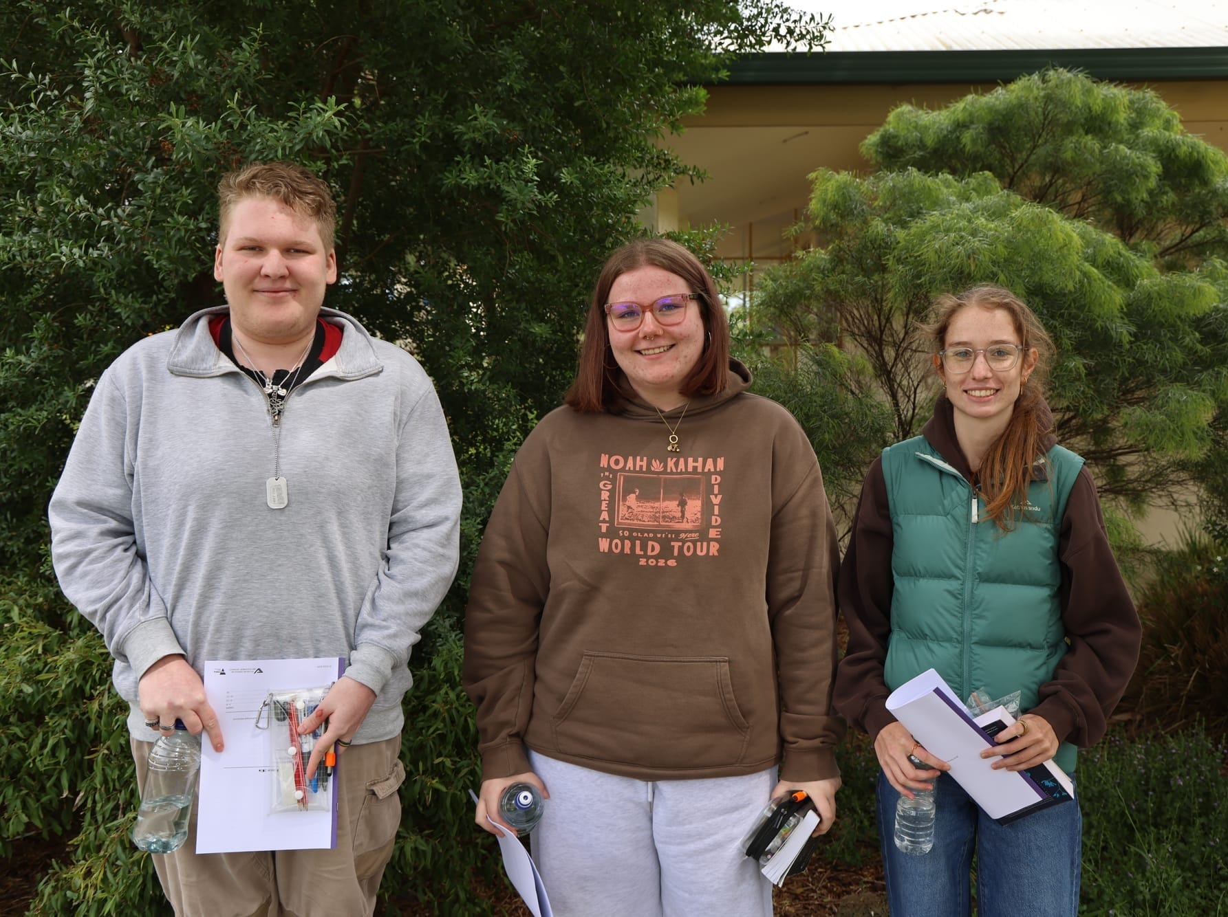 Bass Coast College students Riley Ross-Bryant, Maddie Hosking and Holly Williams after completing their VCE English exam at Wonthaggi Town Hall.