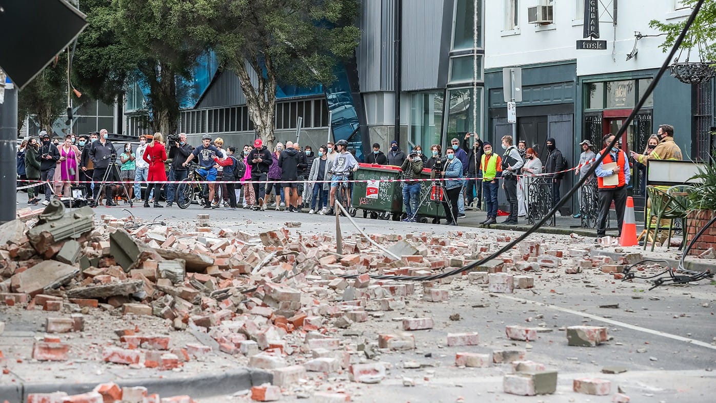 Fallen bricks across a Melbourne street after the 2021 Woods Point earthquake