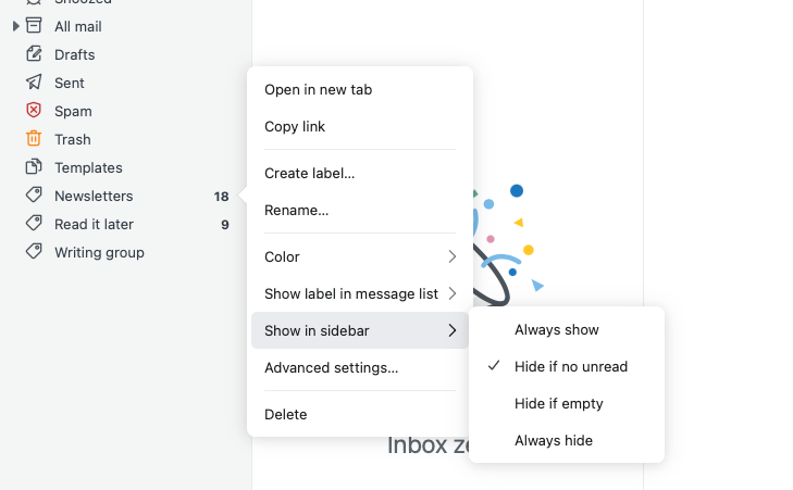 A screenshot showing how to activate the “Hide if no unread” option for Fastmail labels 
