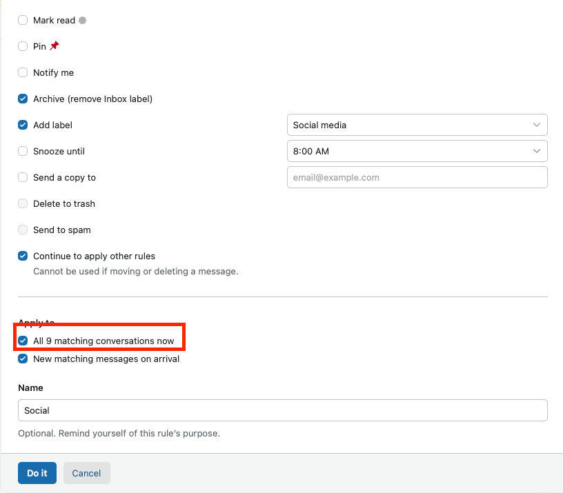 Fastmail mail rule showing the option to apply to matching conversations