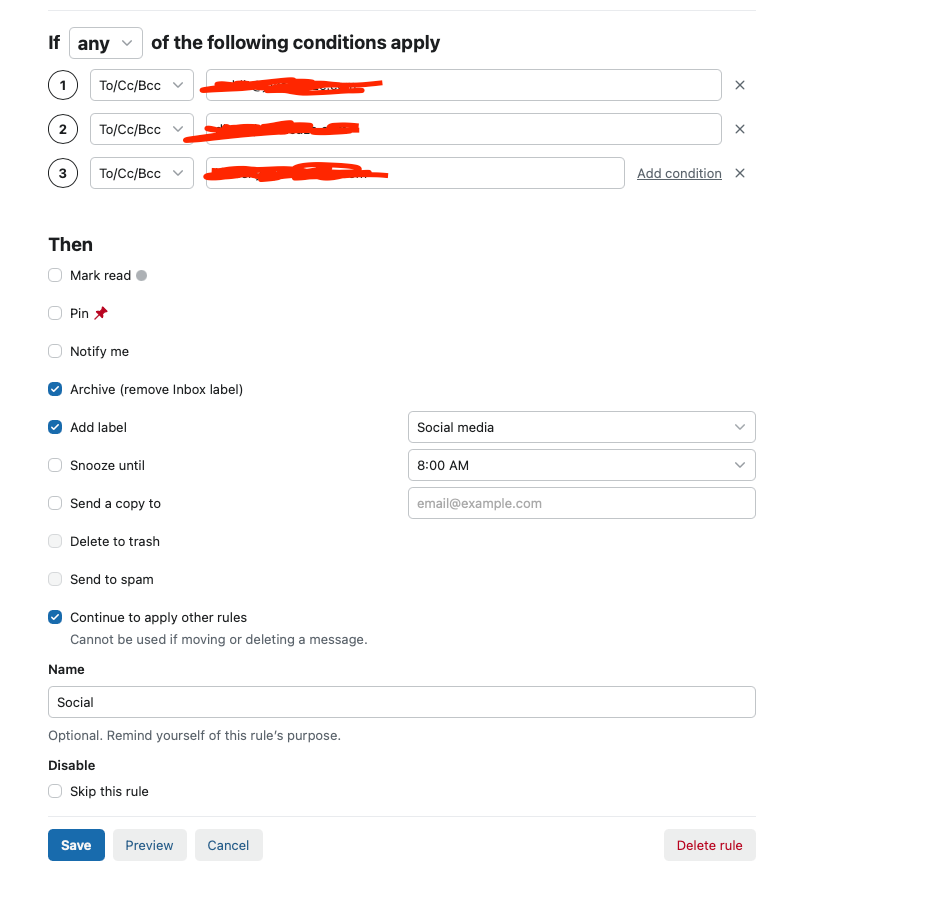 Options for a mail label in Fastmail