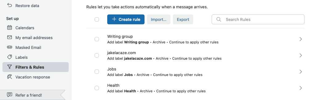 Fastmail’s Filters & Rules option