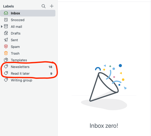 A screenshot of my inbox zero system, powered by Fastmail’s labels and mail rules
