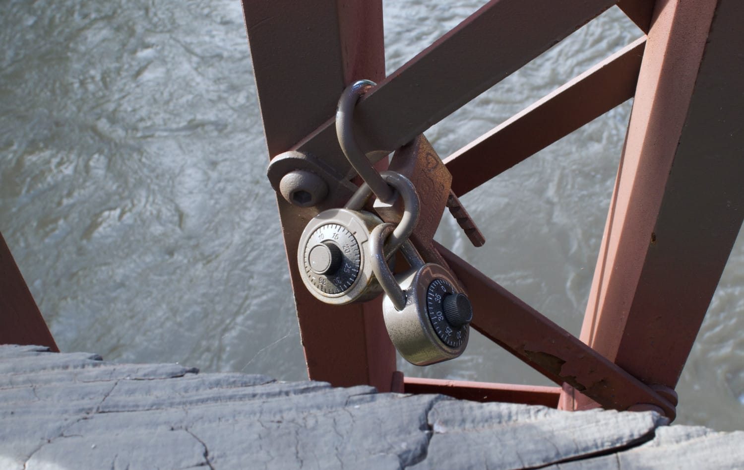 Padlocks on Goatman’s Bridge in Denton, Texas