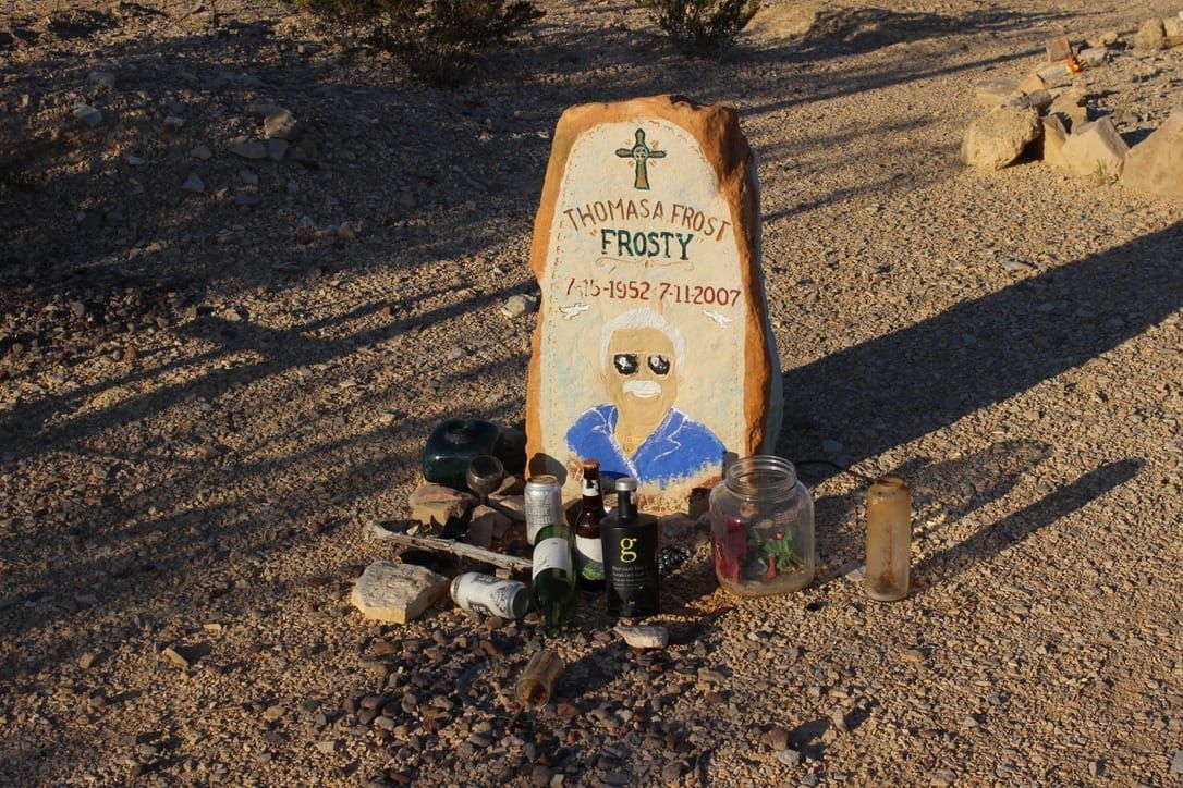 A tombstone at the cemetery in Terlingua, Texas, for a guy who went by 'Frosty'.