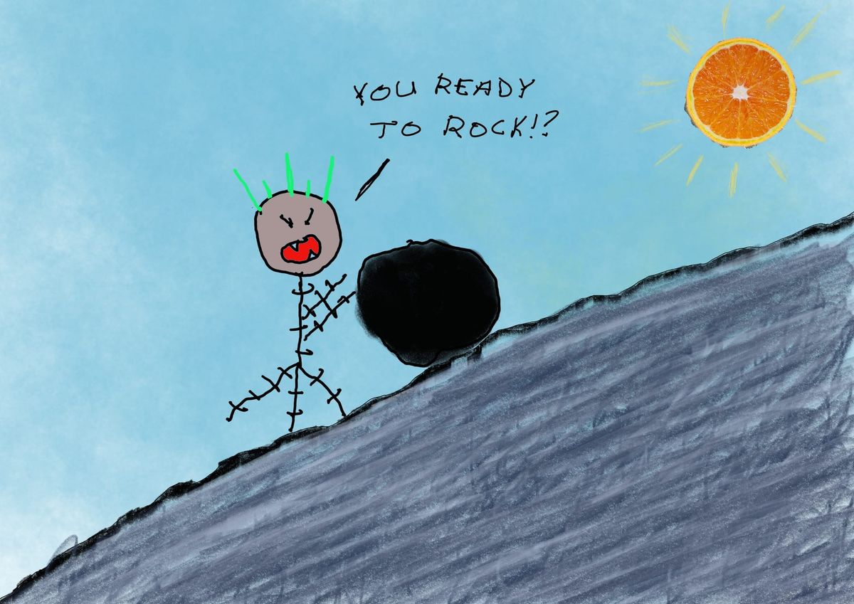 An angry stick figure pushing a boulder up a mountain