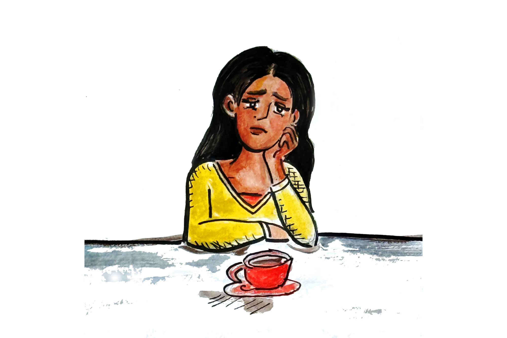 An illustration of a woman sitting alone at a table with a cup of coffee in front of her. She looks sad.