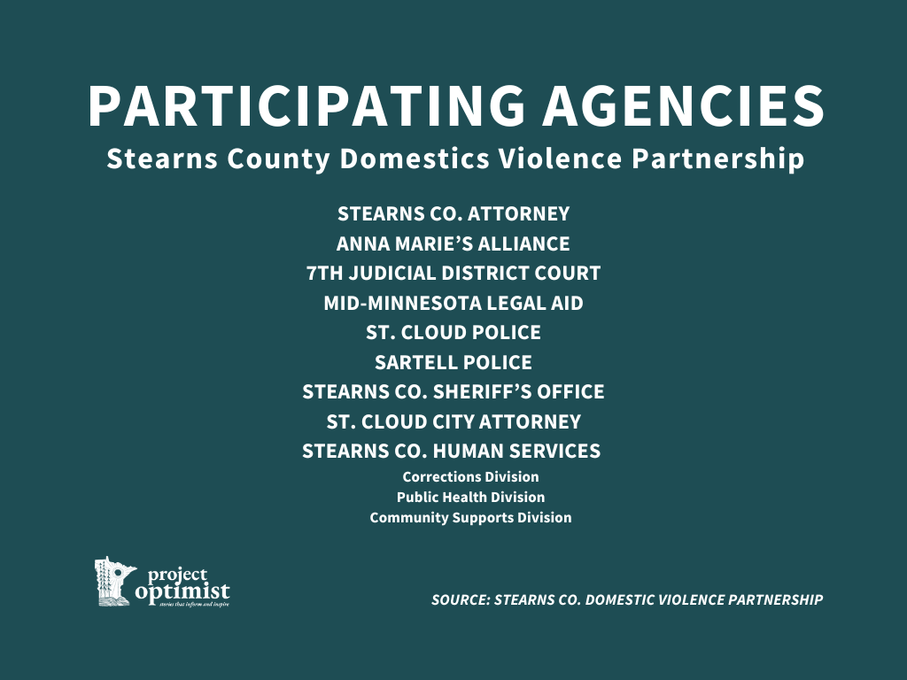 A graphic lists the 11 agencies that participate in the Stearns County Domestic Violence Partnership: Stearns Co. Attorney; Anna Marie's Alliance; Seventh Judicial District Court; Mid-Minnesota Legal Aid; St. Cloud Police; Sartell Police; Stearns Co. Sheriff's Office; St. Cloud City Attorney; and the Corrections, Public Health, and Community Supports divisions of Stearns Co. Human Services. 
