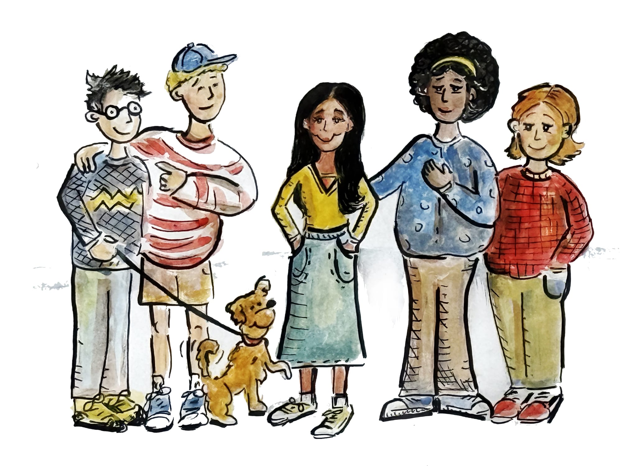 Una ilustración de una mujer (en la foto del medio) que pasa tiempo con amigos en su comunidad. 