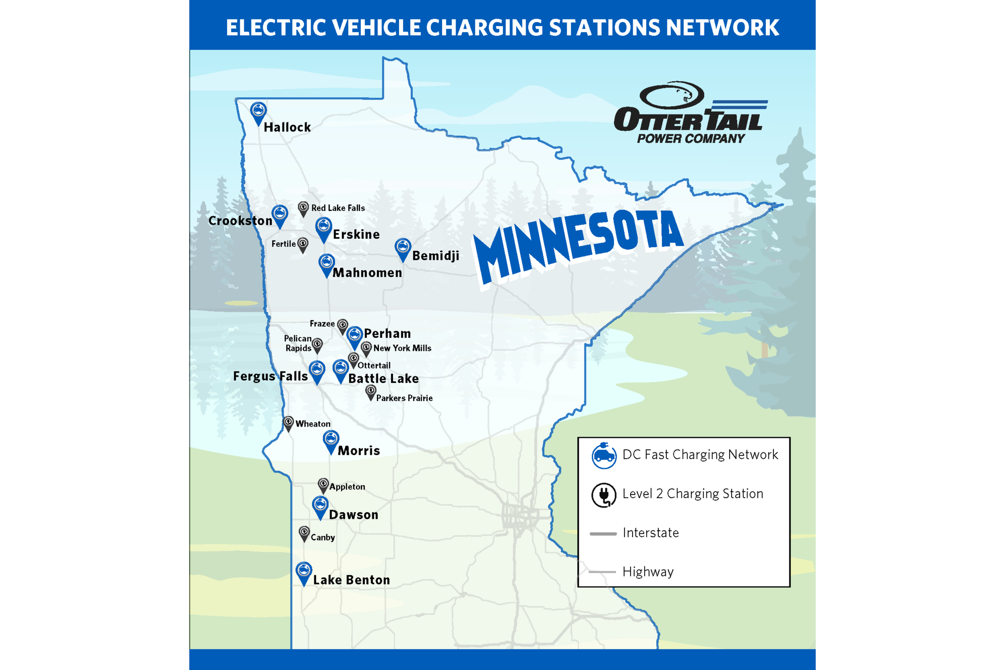 A map of the state of Minnesota shows electric vehicle charging stations in Otter Tail Power Company's Service Area. DC Fast Chargers appear as blue pins, while Level 2 Charging Stations appear as black pins. 