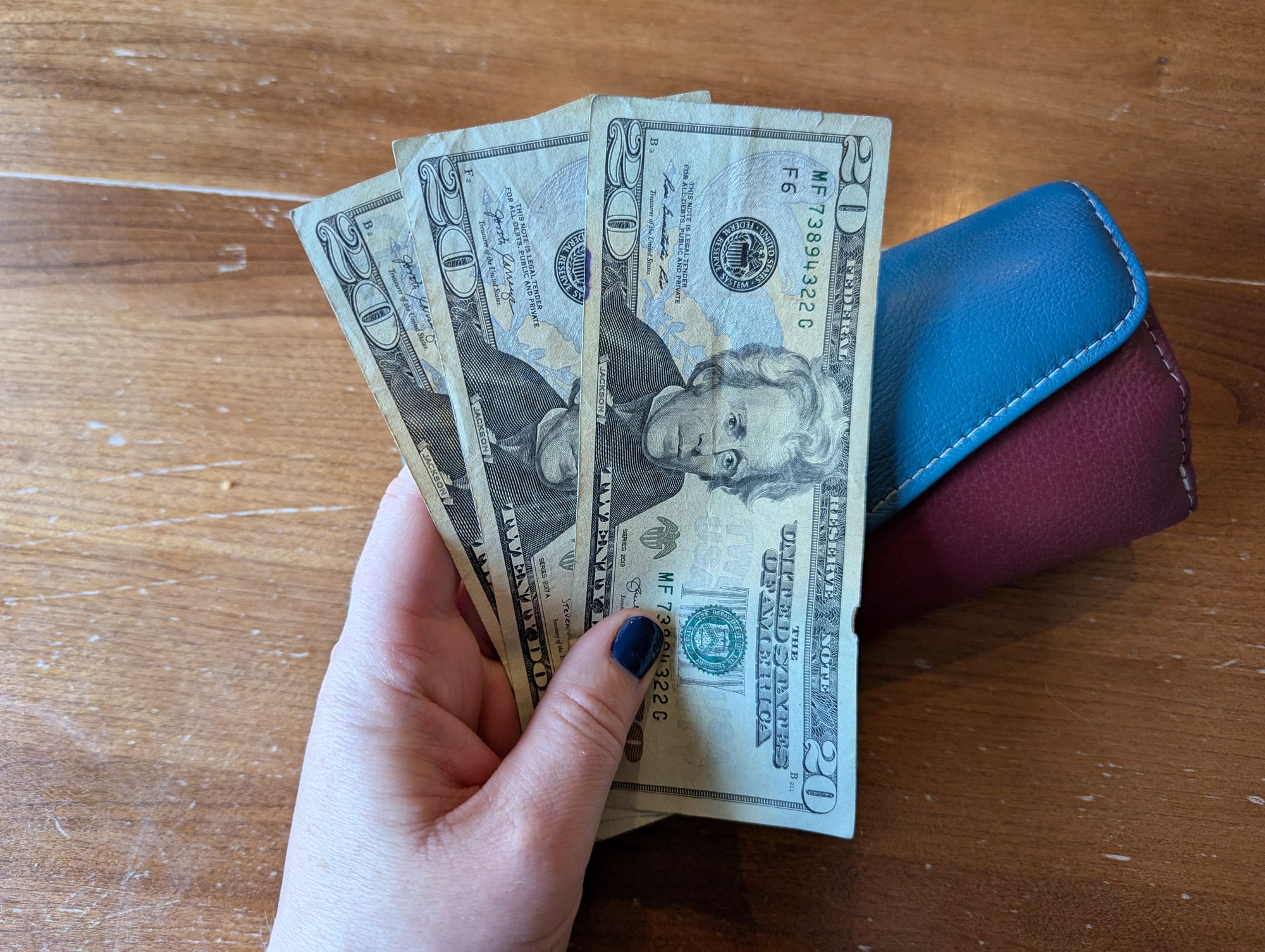 A woman's hand holds three $20 bills. 