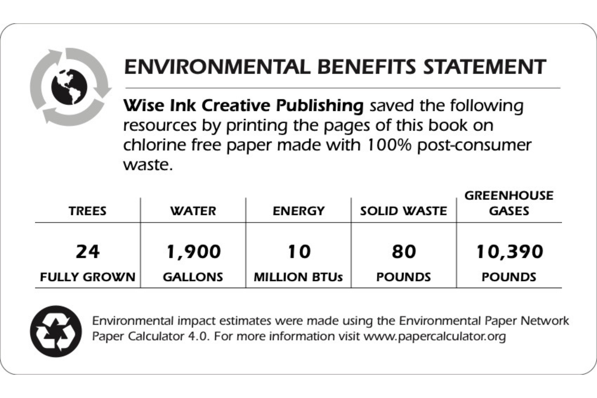 An environmental benefits statement on Charlie Sellars' book. It says "Wise Ink Creative Publishing saved the following resources by printing the pages of this book on chlorine free paper made with 100% post-consumer waste." The table indicates that they saved 24 fully grown trees, 1,900 gallons of water, 10 million BTUs of energy, 80 pounds of solid waste, and 10,390 pounds of greenhouse gases.