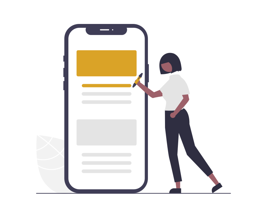 Cartoon of a woman with a dark bob hair style making a social media post on a phone the size of her. 