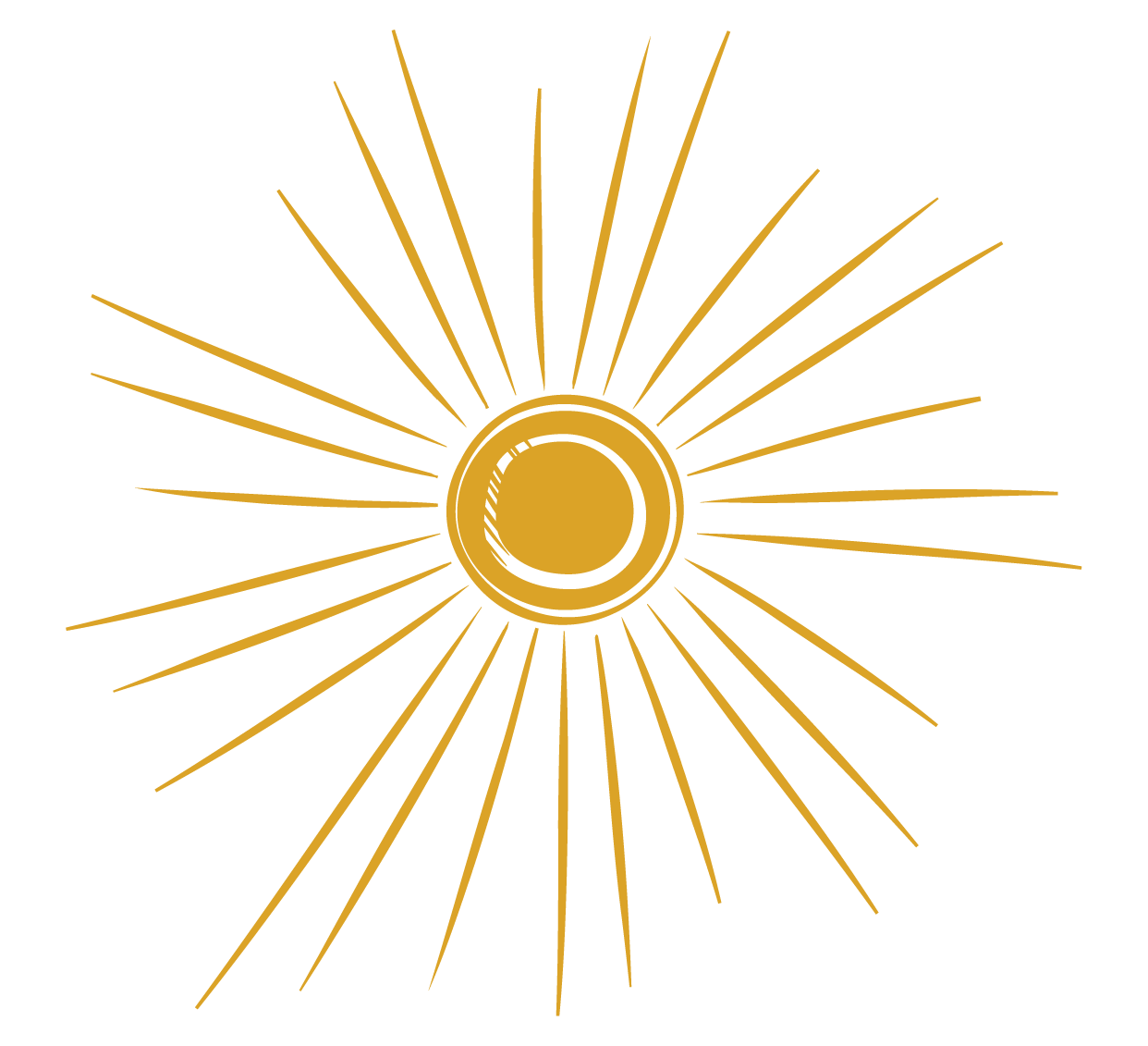 Project Optimist full sun icon, carved print style with rays in all directions