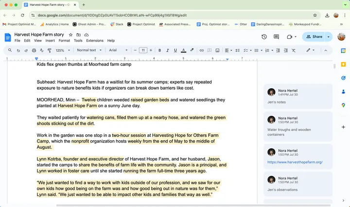 A screenshot of a Google Doc with lots of text highlighted to indicate those portions have been verified. 