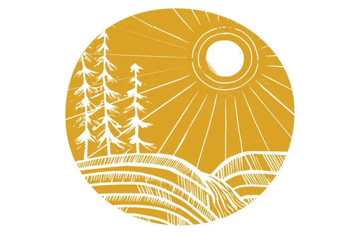 Rolling hills, pine trees, and a sun are pictured in white on a golden yellow background. 