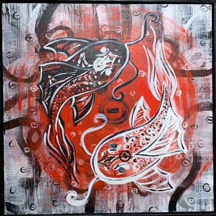 'Yin & Yang' | 21” x 21” Recycled latex and acrylic paint on wood panel | Created fall 2021 as a part of the 'Lake Region Artist Cohort Exhibition' in Studio K at Kaddatz Galleries in Fergus Falls, Minn. Photo taken at that exhibition. (Courtesy of Nancy XiáoRong Valentine)