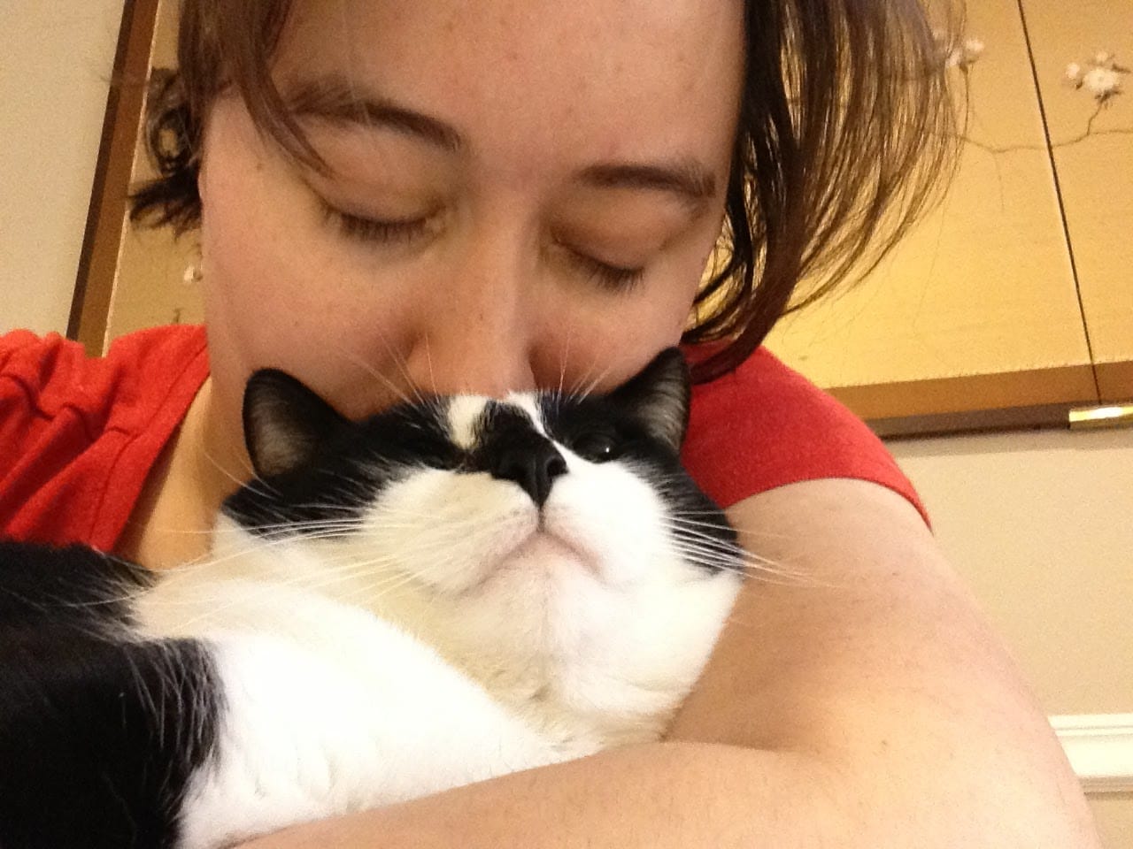 Me kissing Rooley, a black and white cat, on the top of his head.