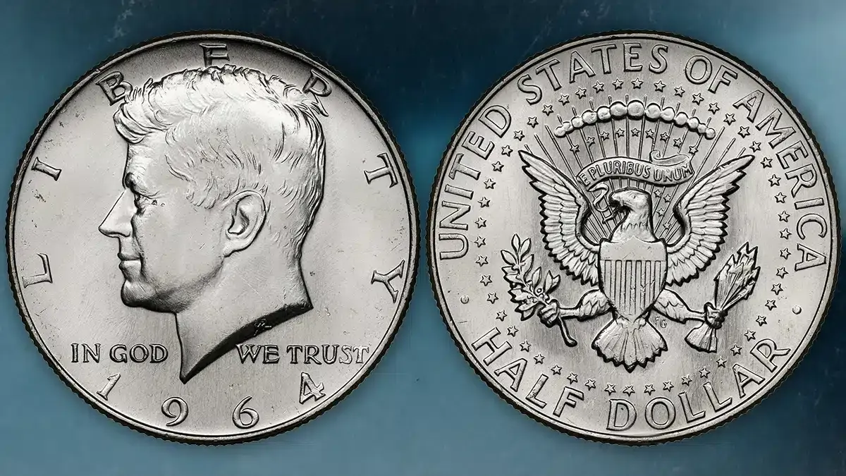 The front and back of a John F. Kennedy half-dollar coin