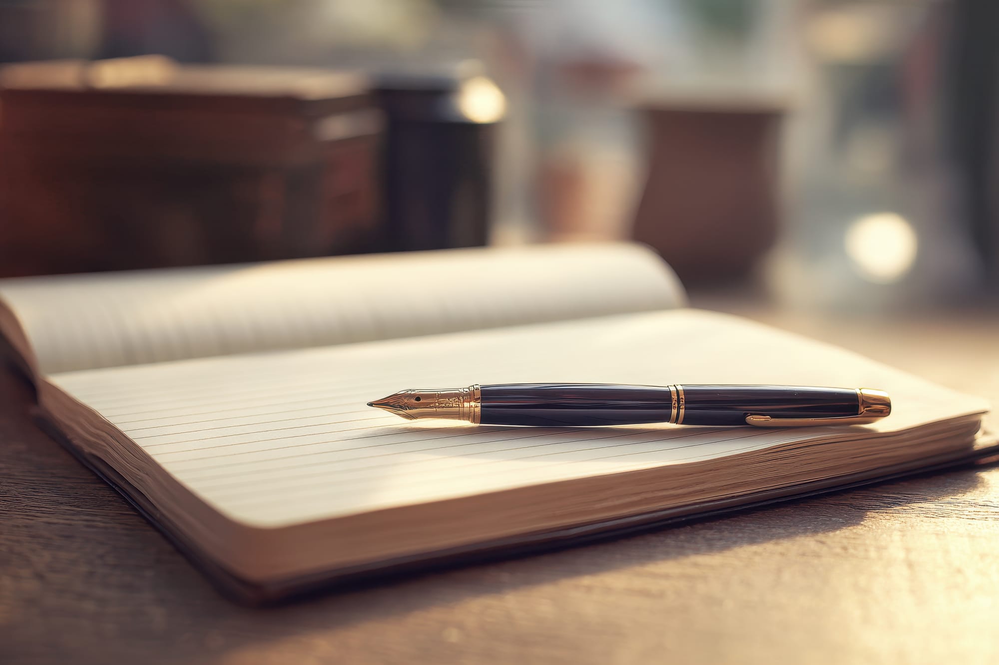 A fountain pen resting on an open notebook in warm light