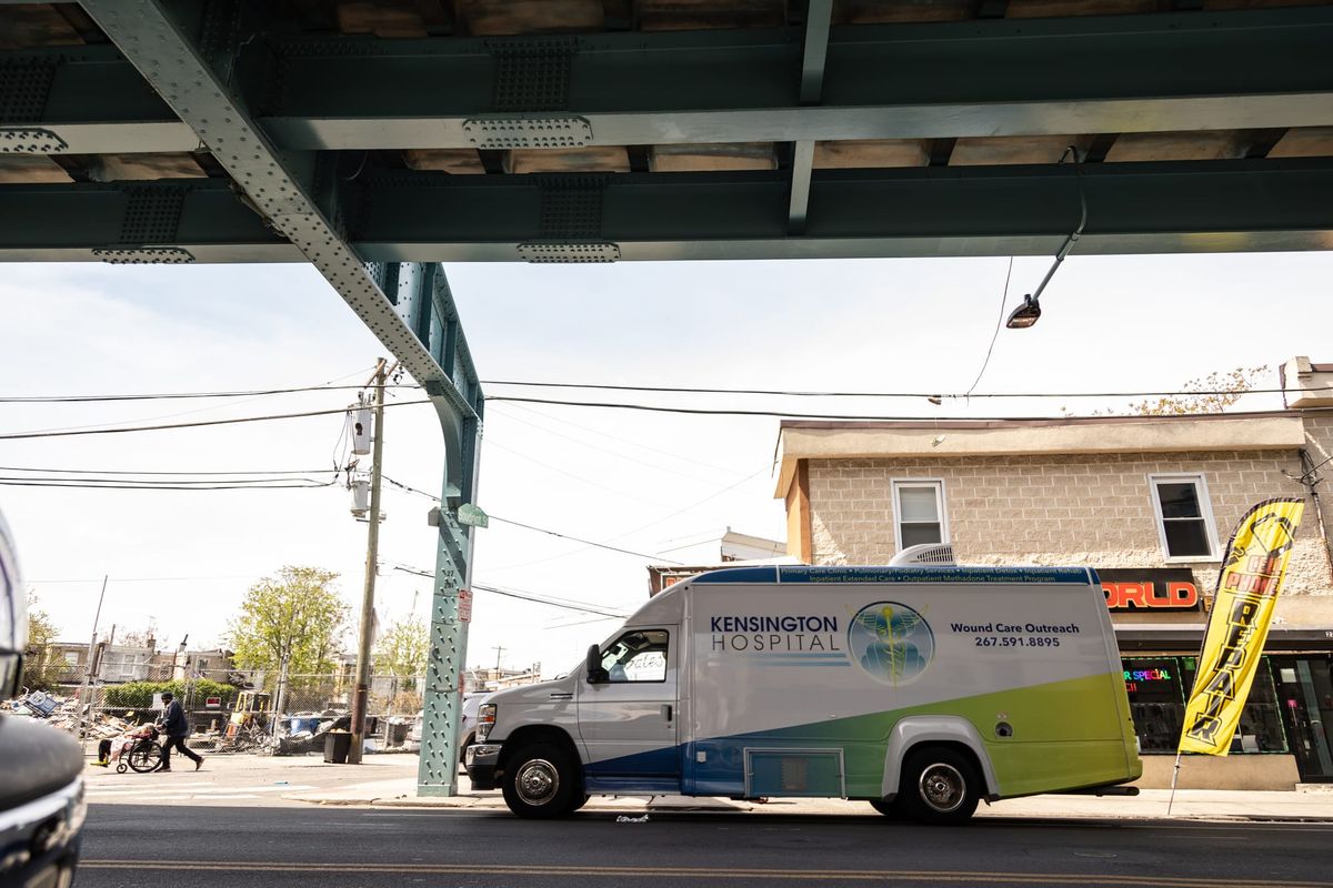Kensington Hospital wound care outreach van parked on Kensington Avenue near Somerset Street in Philadelphia on April 25, 2025.