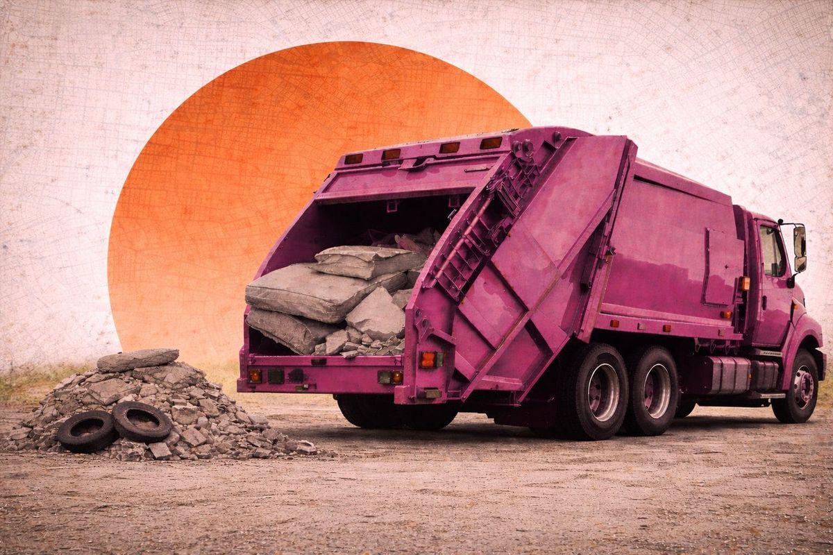 City cleanup truck removing illegally dumped debris in Philadelphia, editorial collage illustration