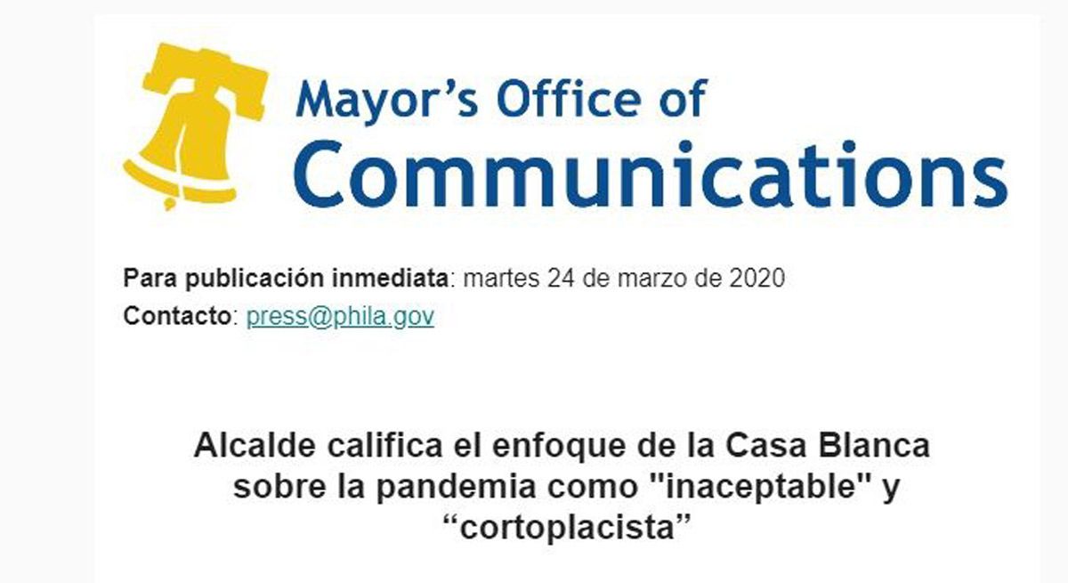 Alcalde califica el enfoque de la Casa Blanca sobre la pandemia como «inaceptable» y “cortoplacista”