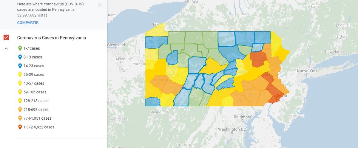 21,655 casos confirmados de COVID-19 en Pennsylvania