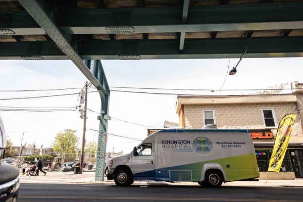 Kensington Hospital wound care outreach van parked on Kensington Avenue near Somerset Street in Philadelphia on April 25, 2025.